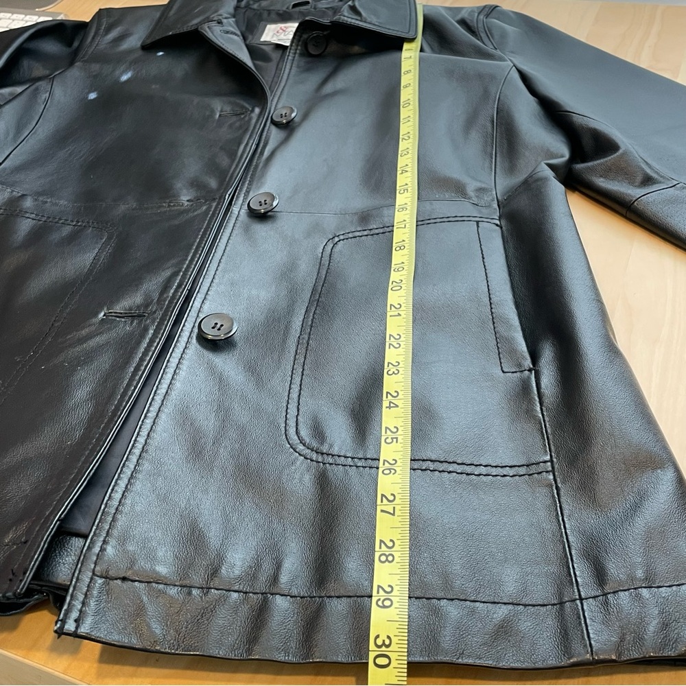 Vintage 90s Black Leather Jacket Large Minimalist Grunge Goth Biker Trench Coat - Picture 13 of 15